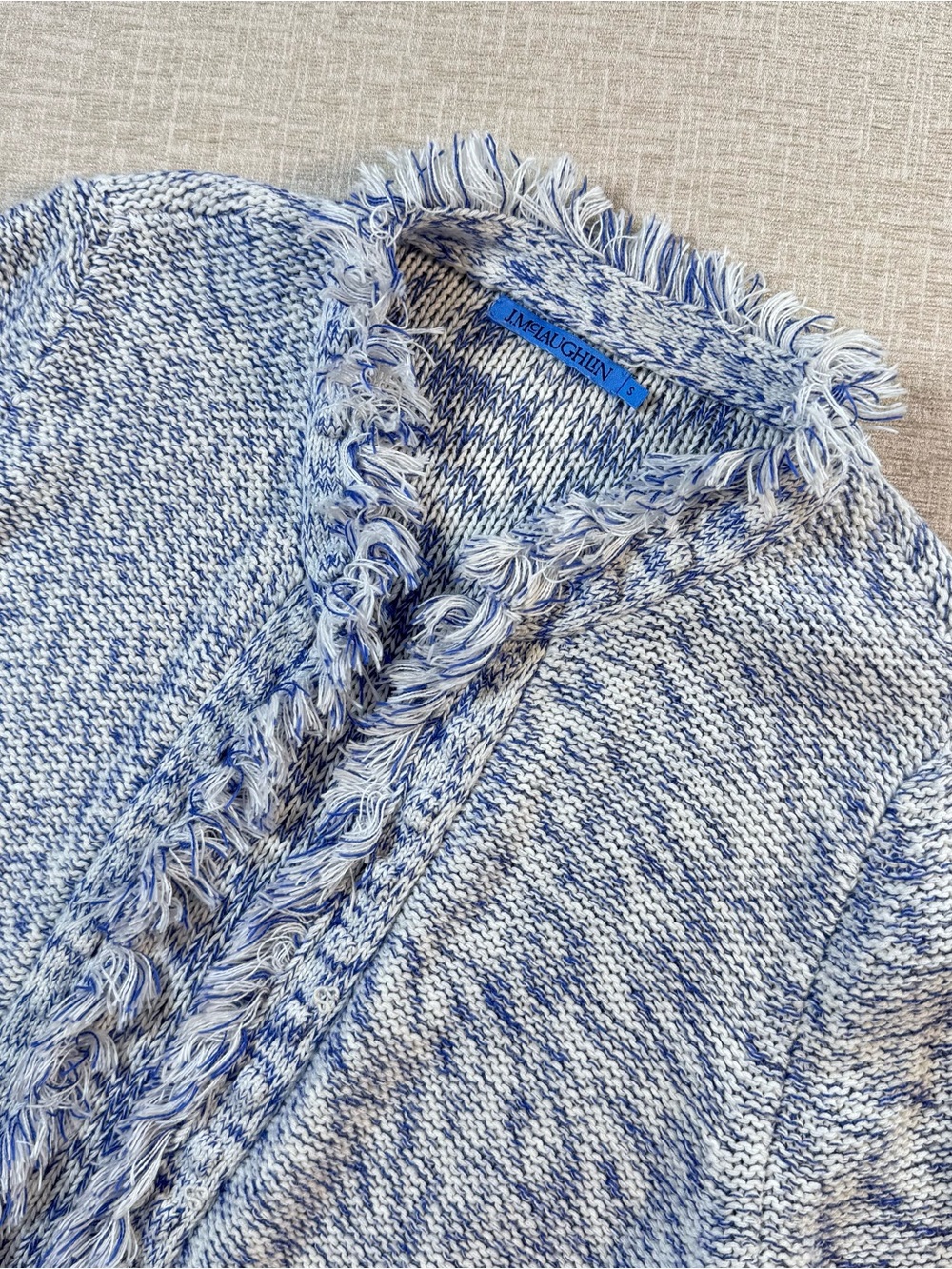 J. McLaughlin Blue & White Marled Fringe Cardigan